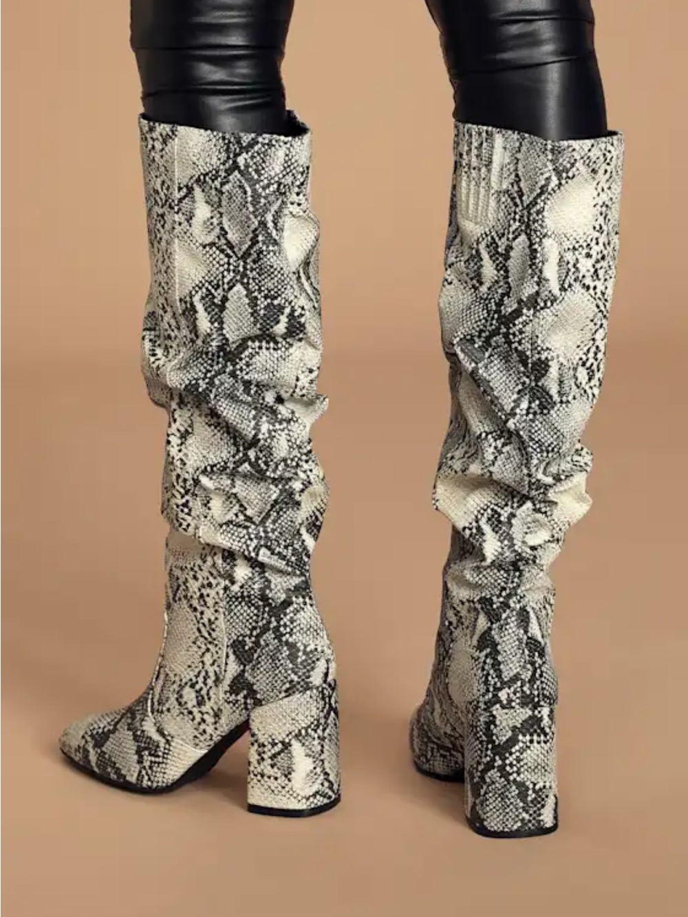 Lulu's White and Black Snake-Print Slouchy Block Heel Boots - Picture 4 of 6